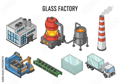 Collection of isometric illustrations depicting various aspects of a glass manufacturing factory, including machinery, raw materials, and finished products, showcasing the industrial process