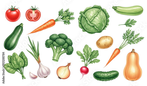 Watercolor Fresh Vegetables Set – Hand-Painted Tomato, Carrot, Broccoli, and More Vector Clipart