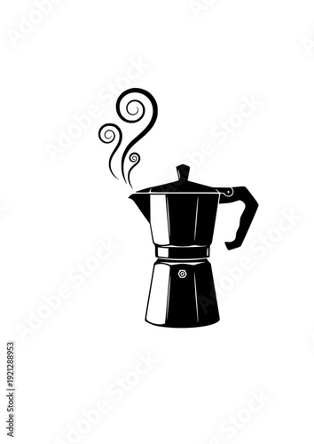 Traditional Moka Express Coffee Pot with Aroma Swirls Silhouette. Italian Heritage and Slow Living Kitchen Sticker Vector.