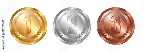 Gold, silver and bronze medals with numbers. Metallic effect.