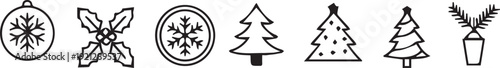 Black and white christmas tree and ornament illustrations