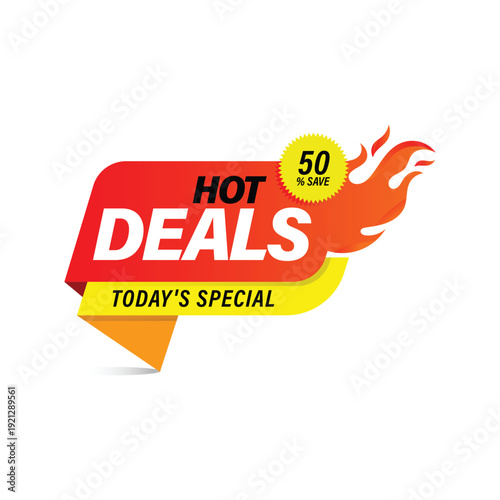 Hot deals fire themed promotional label for today special retail offers and urgent marketing sale events