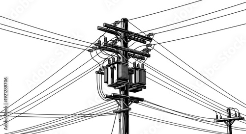 utility pole with power lines and transformers black and white drawing of complex electrical grid for energy distribution.