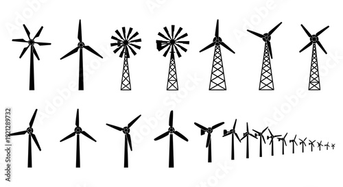 various wind turbines and windmills black silhouettes on white illustrating diverse renewable energy and green power.