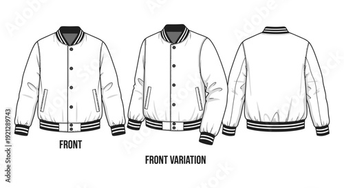 varsity jacket technical flat sketch front and back views for fashion design apparel mockups and specification.