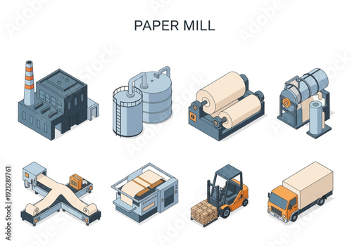 Isometric illustrations of industrial factory buildings and machinery for a paper mill production process, including storage silos, printing presses, and delivery trucks