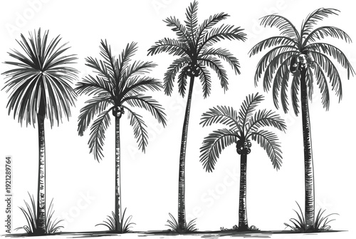 Group of five palm trees with coconuts sketch style isolated on white background