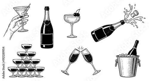 vintage style drinks illustrations depicting champagne bottles cocktails toasting flutes and ice bucket perfect for celebration designs.