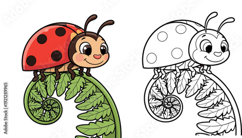 Cute cartoon ladybug crawling on a green fern leaf, happy insect vector illustration with red wings and spots isolated on white background for nature or garden design.