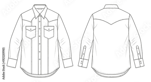 western shirt flat sketch technical drawing showcasing classic pointed yokes long sleeves chest pockets front and back for fashion design.