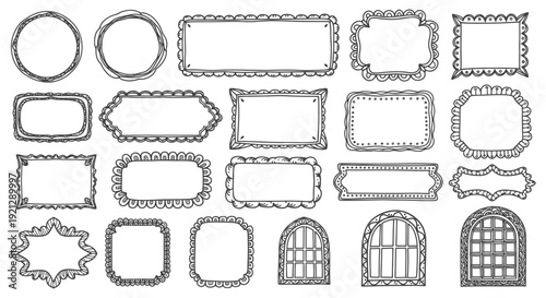 whimsical hand drawn doodle frames borders and window shapes versatile blank design elements for creative work.