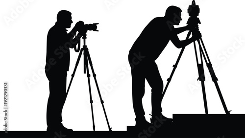 Professional photographers with camera on tripod silhouette illustration, videography and photography concept isolated on white background, flavector