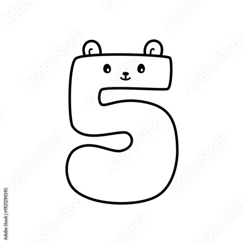 Cute and friendly number five animal character in playful line art, a kawaii and funny numeral symbol isolated on a transparent background, perfect for kids and educational designs