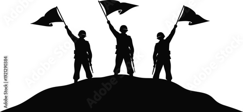 Soldier silhouettes raising flags on hilltop symbolizing victory, unity, revolution, and patriotism, powerful military concept vector illustration isolated on white background
