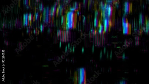 Pixelated Glitch Digital Transition, Glitchy digital interference with colorful vertical lines and pixelated blocks on a dark background ideal for overlays.