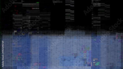 Complex Glitch Digital Transition, Digital glitch effect with distorted lines and pixelated blocks in dark blue and green hues perfect for sci-fi.