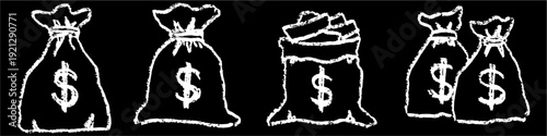 Set editable chalk drawing bag of money vector for history lessons. Ideal for symbolizing ancient wealth, classic finance studies, and vintage chalkboard aesthetics.