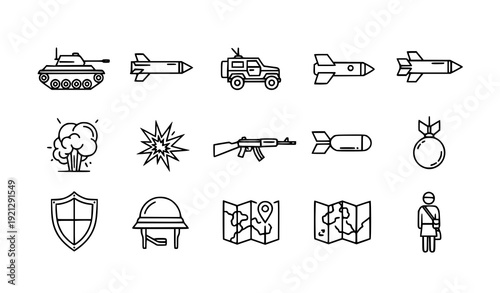 War Line Icons Vector Set Including Military, Tanks, Missiles, Bombs, and Refugees