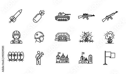 Military and War Vector Line Icons Set with Tanks, Bombs, Soldiers, and Conflict Symbols