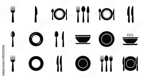 Minimalist black icons depicting dining elements a striking silhouette