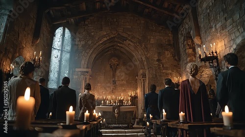 A solemn atmosphere fills the ancient stone church as people gather for a spiritual ceremony, ideal for religious or cultural content.