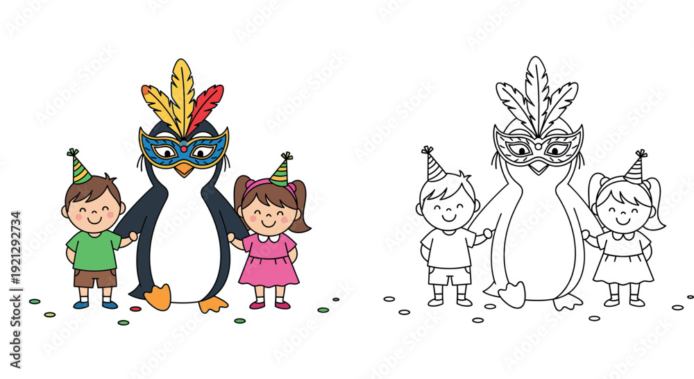 Obraz premium Cute cartoon penguin wearing carnival mask holding hands with happy boy and girl
