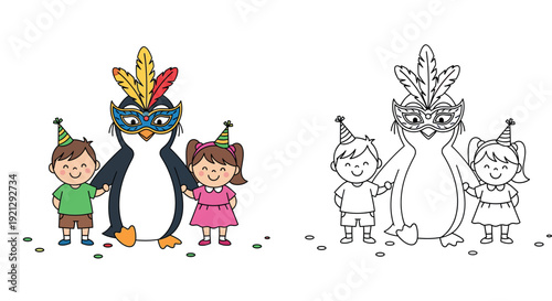 Cute cartoon penguin wearing carnival mask holding hands with happy boy and girl