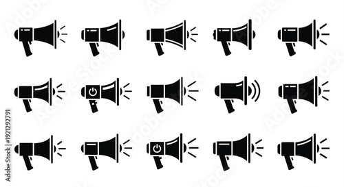 A collection of black megaphone icons arranged in a grid silhouette