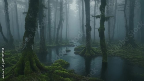 Misty Green Forest With Mossy Trees And Still Water Stream