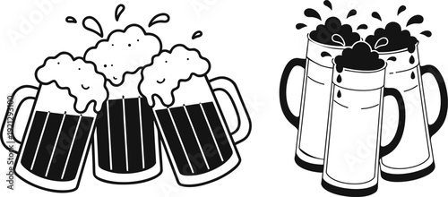Clinking Beer Mugs Line Art Vector Illustration