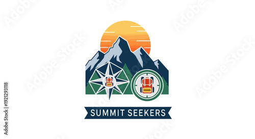 Summit Seekers Outdoor Adventure Logo: A Flat Design Vector Emblem Featuring Snow-Capped Mountains, a Large Orange Sun, Pine Trees, and a Backpack for Hiking, Trekking, and Mountain Climbing Fans