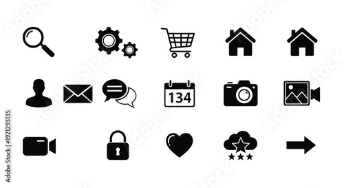 Collection of black icons representing common actions and concepts silhouette