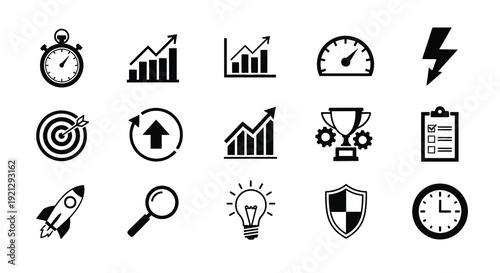 Various business icons displayed in a black silhouette