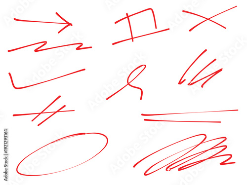 A collection of red handwritten marks and signatures
