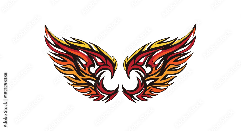 Obraz premium Fiery Tribal Wings Tattoo Design - Red Orange Yellow Flames