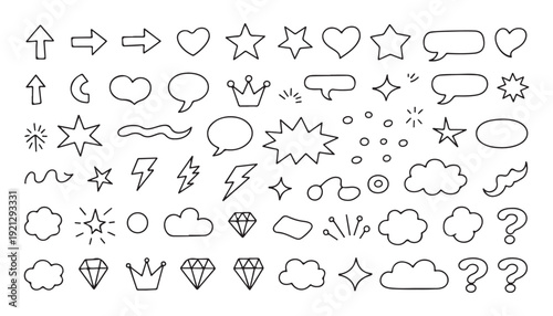 Hand drawn doodle elements set arrows hearts stars lightning bolts question marks and clouds
