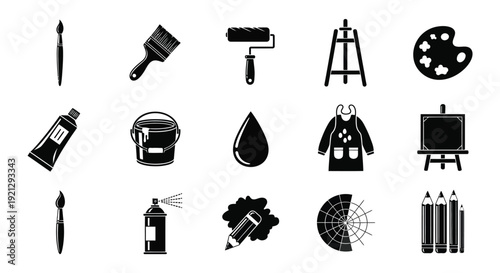 Art supplies and tools depicted in a stark black silhouette