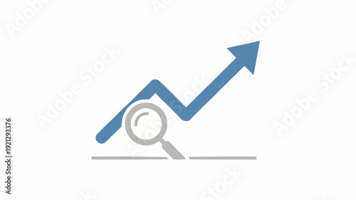 Magnifying glass with growing arrow graph.
