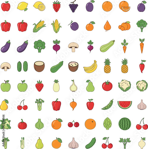 Cute hand drawn fruits and vegetables vector icon set for healthy food menu grocery and organic farming design