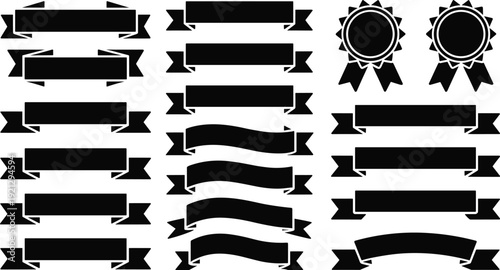 Black ribbon banner and award badge silhouette vector set for vintage label branding and sale promotion design