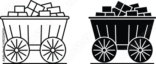 Black and white icons of a mining cart filled with coal cubes on white background Keywords: mining cart, coal, wagon, trolley