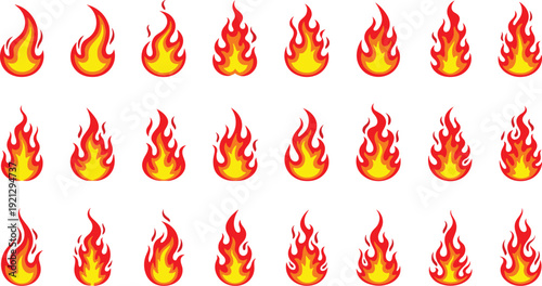 Cartoon fire flames vector set for heat energy burning danger and hot temperature icon collection