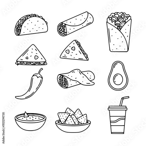 Mexican street food line icon collection for restaurant menu vector isolated on transparent background