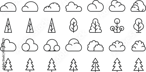 Cloud and tree outline icons vector set for weather forecast nature landscape and environment line design