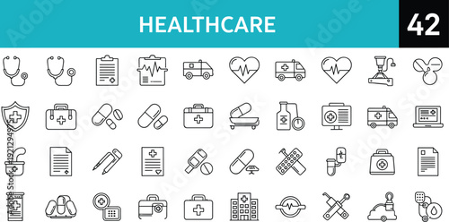 Healthcare medical outline icons vector set for hospital pharmacy emergency service and medicine line design