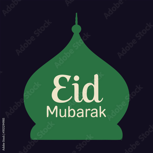 Elegant green mosque dome with 'Eid Mubarak' text on a dark background, ideal for Islamic celebrations, greeting cards, and social media posts, Vector design