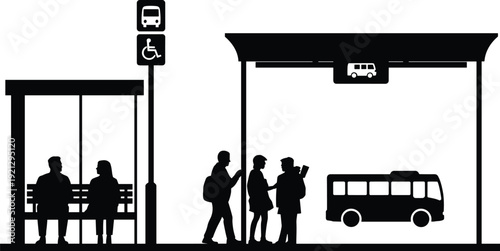 Bus Stop Scene with People and Bus Silhouettes illustration vector