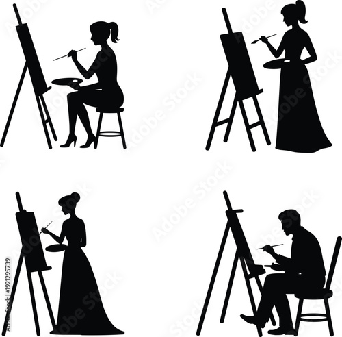 Artist painting on easel silhouettes, male and female painters with brush and palette, creative studio scene, black vector illustration set