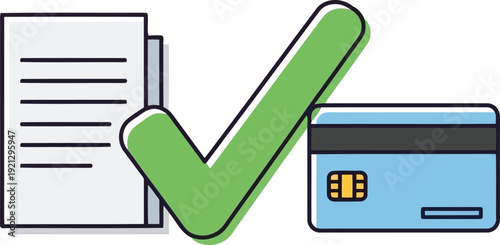 Approved payment transaction document with credit card and green check mark icon for successful business vector