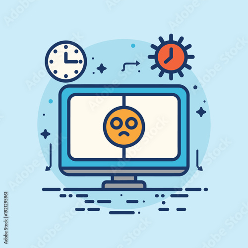 Digital illustration depicting frustration and sadness displayed on a computer monitor symbolizing system failure performance issues and poor time management in a virtual environment.